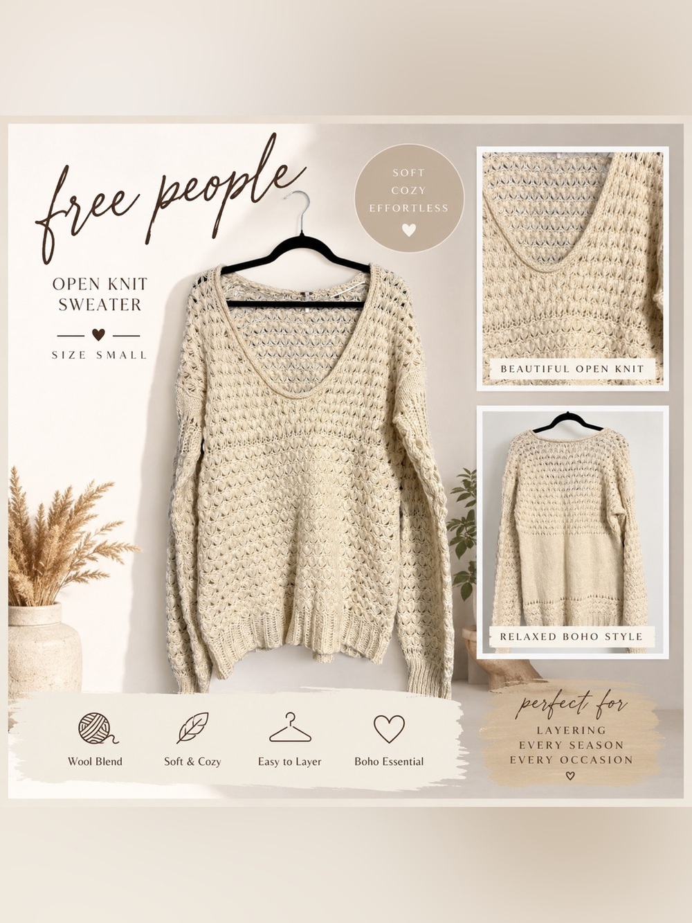 Free People Cream Open-Knit V-Neck Wool Blend Pullover Size Small Cottagecore